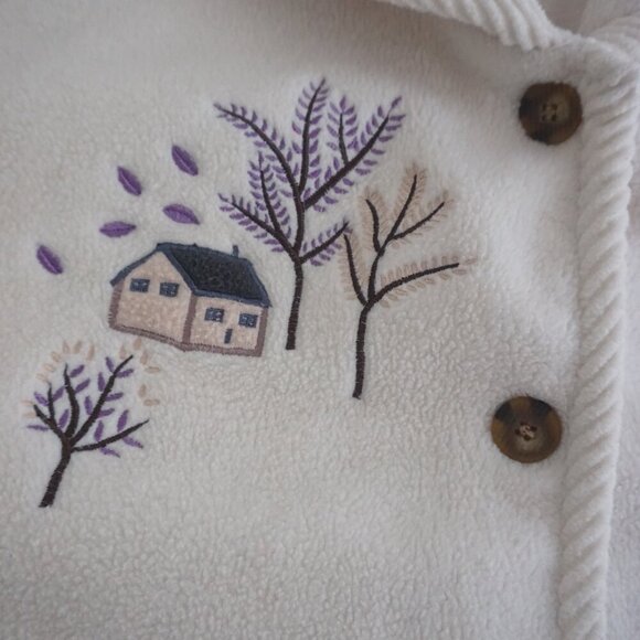 Vintage Club Hollywood Canada Cream Embroidered Fall Fleece Button Up Sweater M - Picture 10 of 11